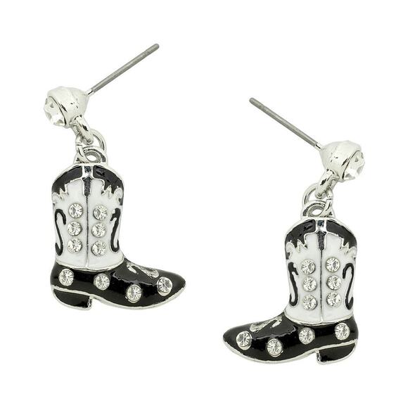 Western 1 1/4" pierced silver, black, and white clear stone dangle boot earrings - Picture 1 of 1